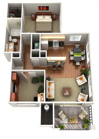 Floor plan for 1 bed, 1 bath, 916 sqft